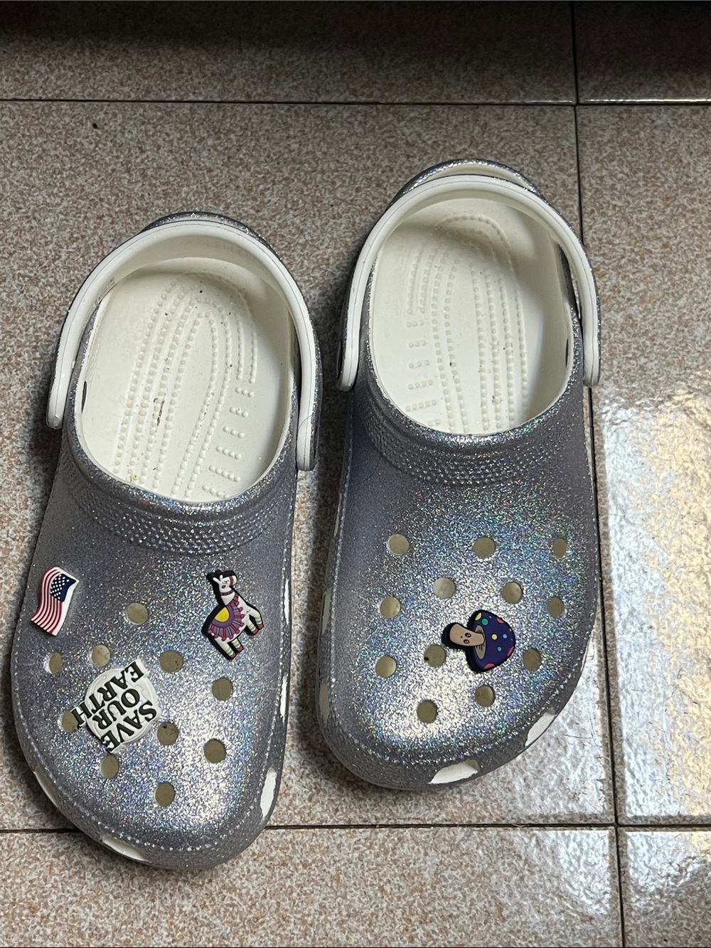 CROCS Silver Glitter Clogs with Fun Charms